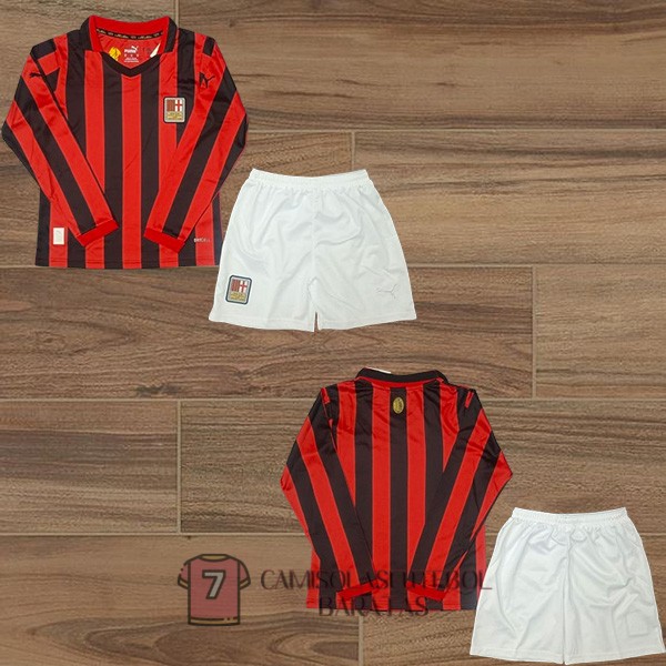 camisola ac milan manga comprida crianca equipamento vermelho preta listra 125 edicao aniversario 2024-2025