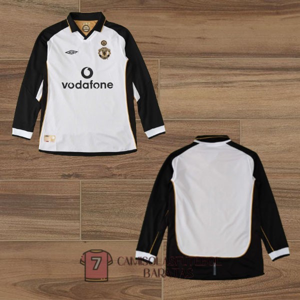 manchester united camisola retro edicao comemorativa manga comprida branca preta 2001-2002