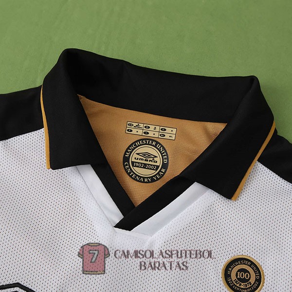 manchester united camisola retro edicao comemorativa manga comprida branca preta 2001-2002 - Image 2