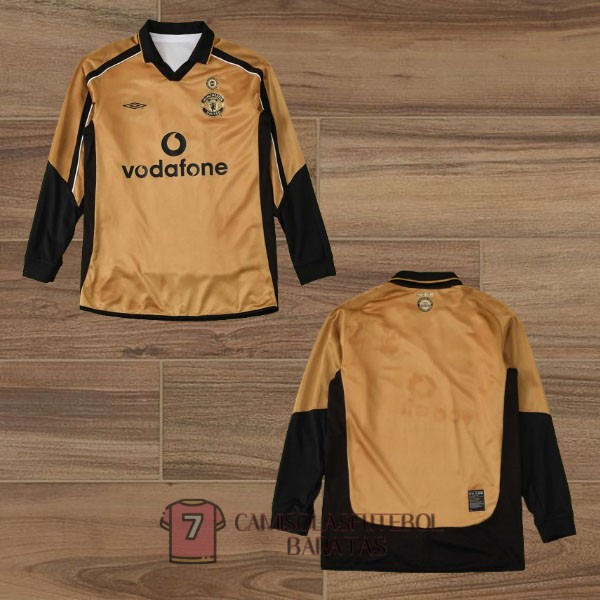 manchester united camisola retro edicao comemorativa manga comprida dourada 2002-2003