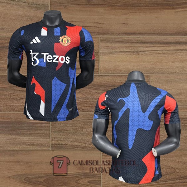manchester united camisola treinament versao do jogador preta vermelho azul 2024-2025