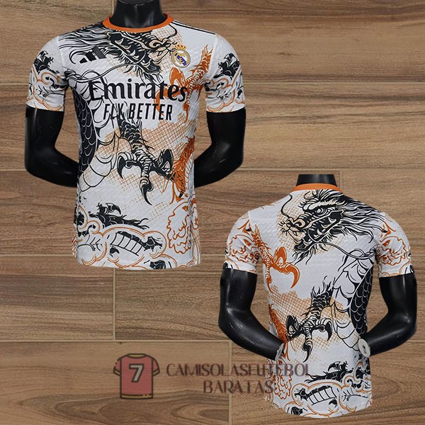 real madrid camisola edicao especial versao do jogador branca laranja preta dragon 2025-2026