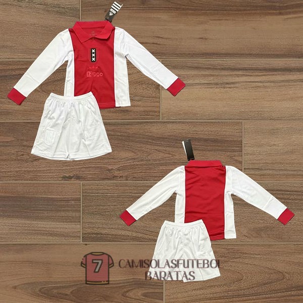 camisola ajax manga comprida crianca equipamento vermelho branca 125 edicao aniversario 2025-2026