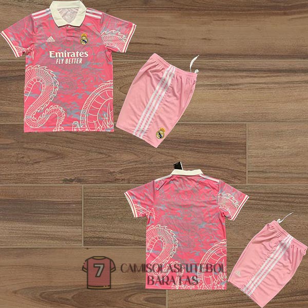 camisola real madrid crianca equipamento 2025-2026 edicao especial rosa cinzenta dragon