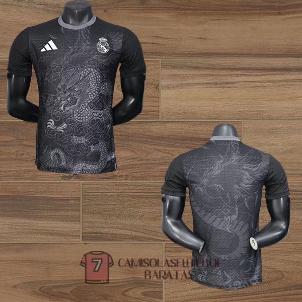 real madrid camisola edicao especial versao do jogador preta branca dragon 2025-2026