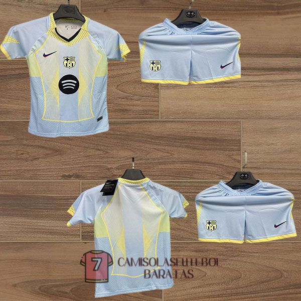 camisola barcelona crianca equipamento 2025-2026 edicao especial azul claro amarillo claro