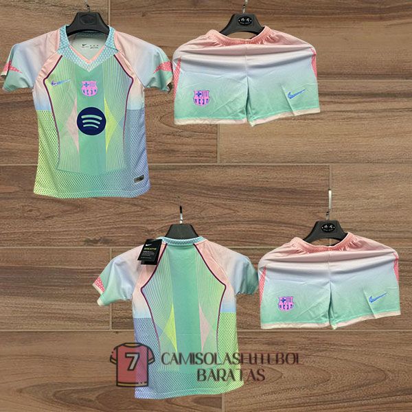 camisola barcelona crianca equipamento 2025-2026 edicao especial azul claro rosa claro