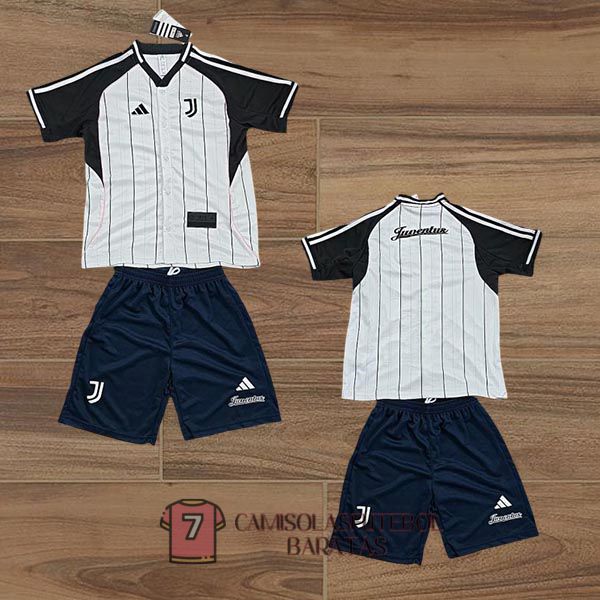 camisola juventus crianca equipamento 2025-2026 edicao especial branca preta baseball
