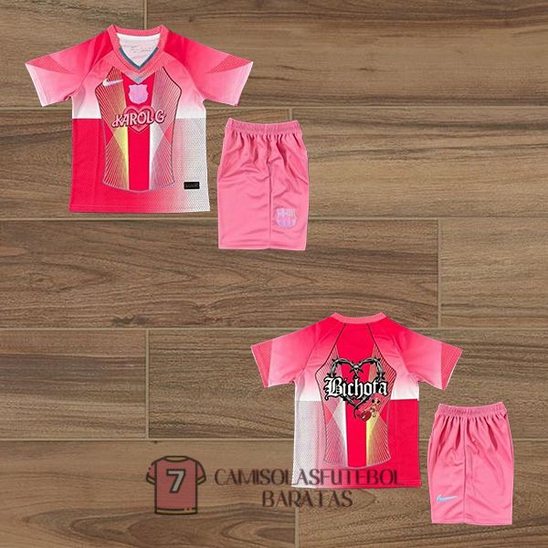 camisola barcelona crianca equipamento 2025-2026 edicao especial rosa vermelho karol